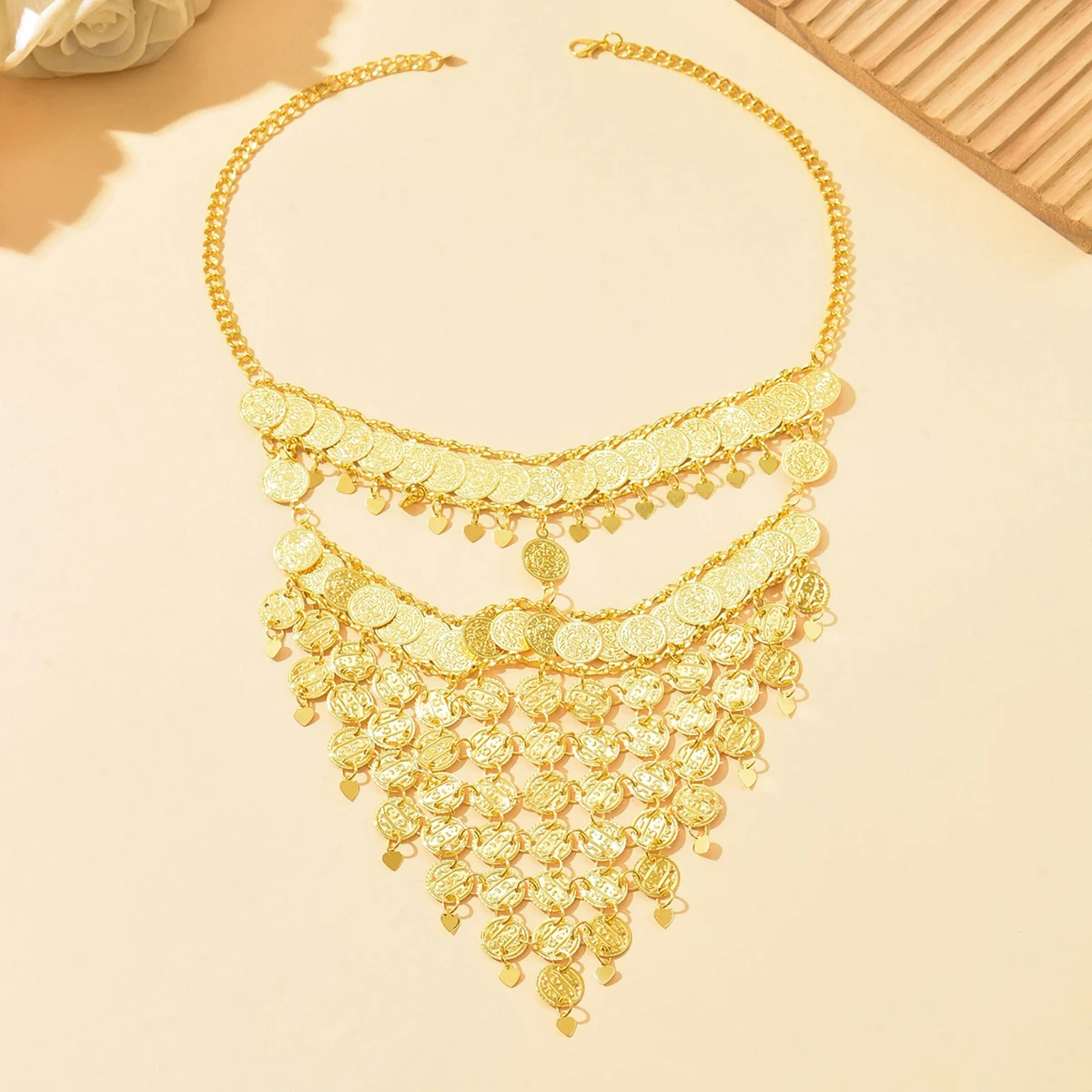 Accessory, Sparkling Pendant For Dynamic Stage Styling Middle Eastern Gold Coin Tassel Face Veil, Multi-Layer Belly Dance