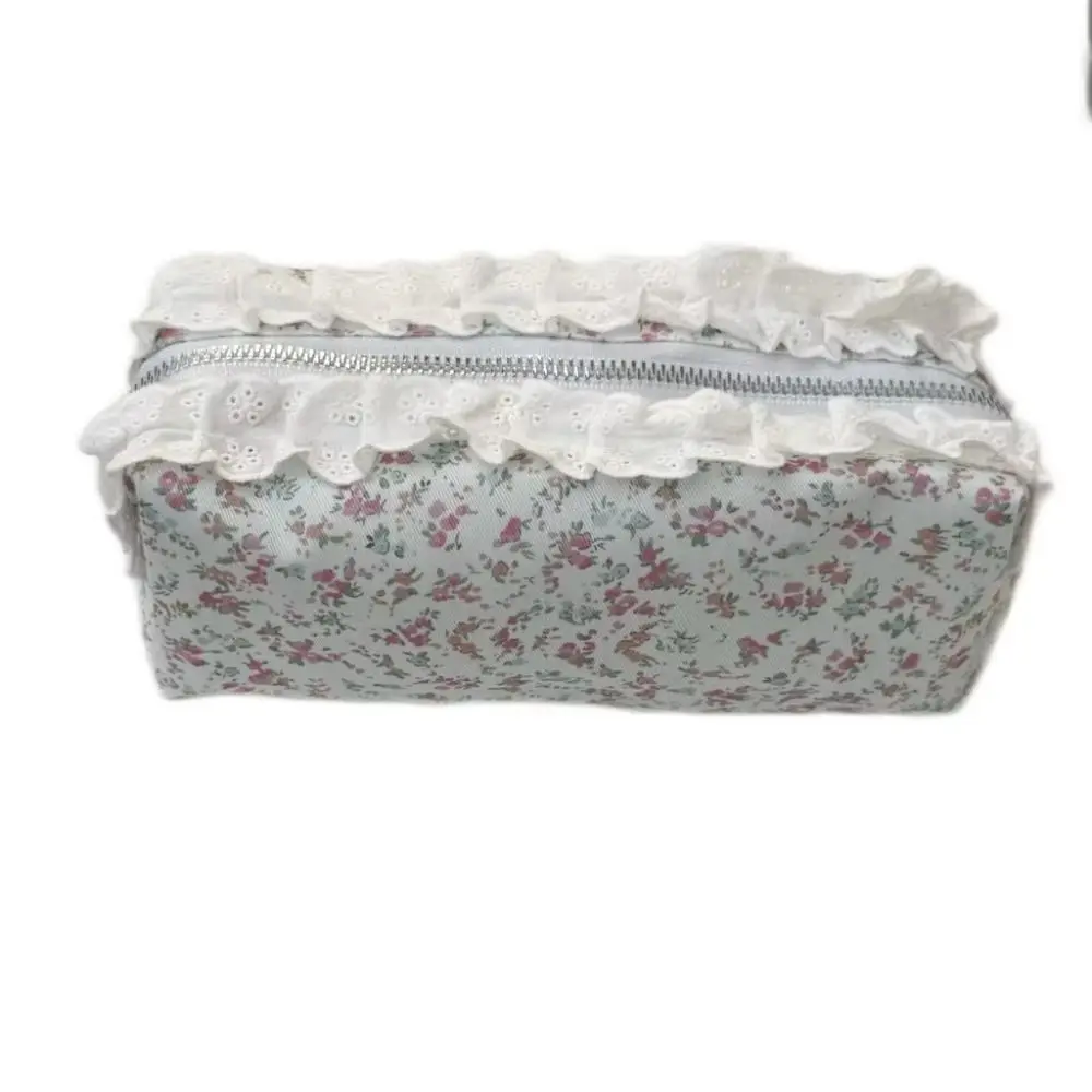 Smooth Zipper Floral Stationery Pouch Large Capacity Flower Pattern Lace Trim Pencil Case Educational Cosmetic Bag
