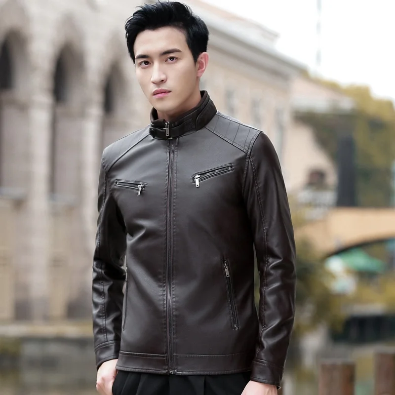 

New Men's PU Leather Jaet Workwear Sle Stand Collar Motorcycle Clothes Autumn Winter Faion Trend Regular Length Artific...