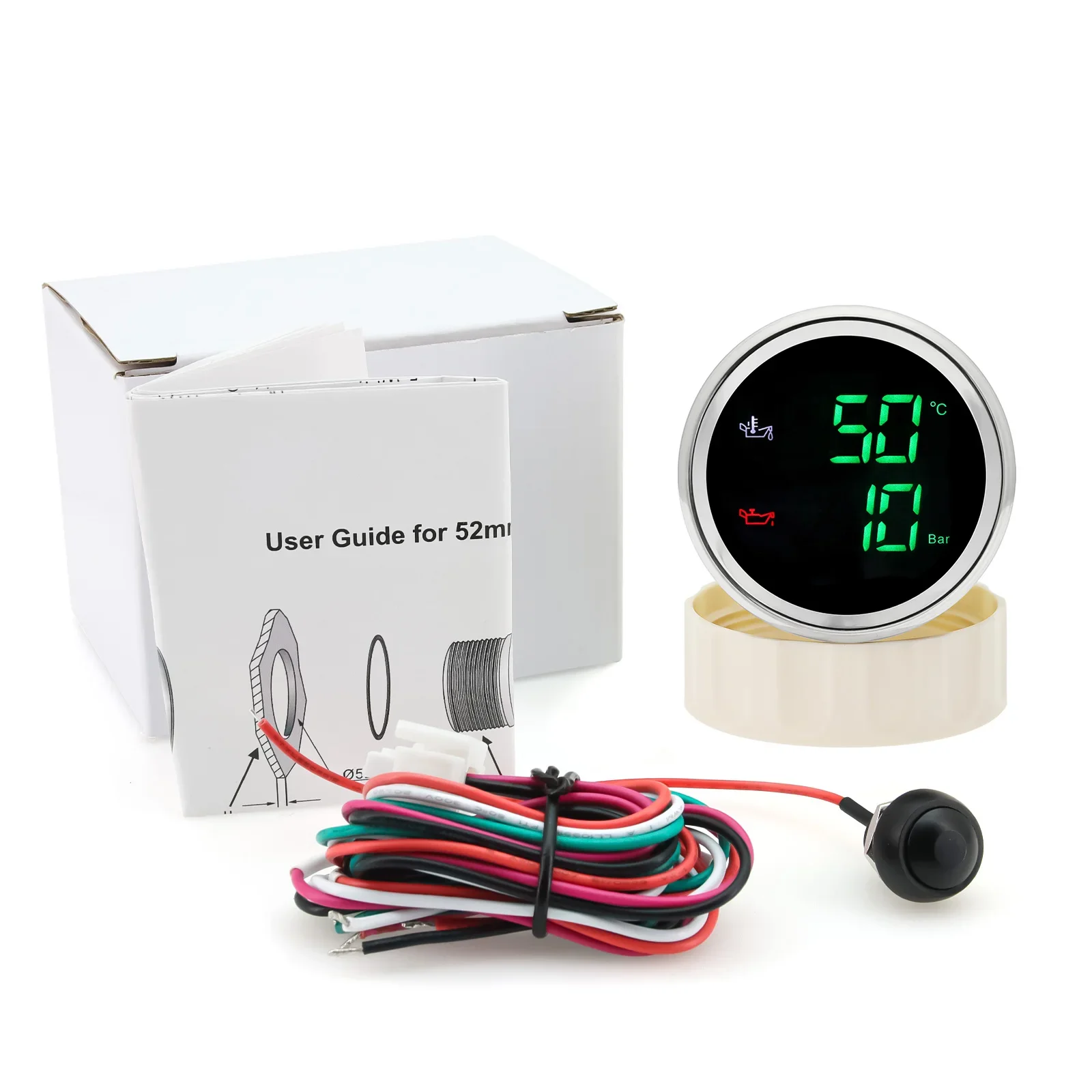 Digital 2 IN 1 Oil Temperature+Oil Pressure Gauge Green Red LED 52mm Gauge with Oil Press/Oil Temp Sensor for Car Boat 12V 24V