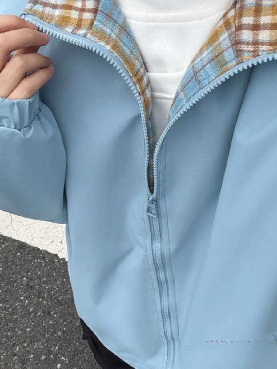 

Plaid Patchwork Jaet Men's Spring Autumn Retro Design Hatl American Collar Couple Outerwear Loose Fit Contrast Color Pol...