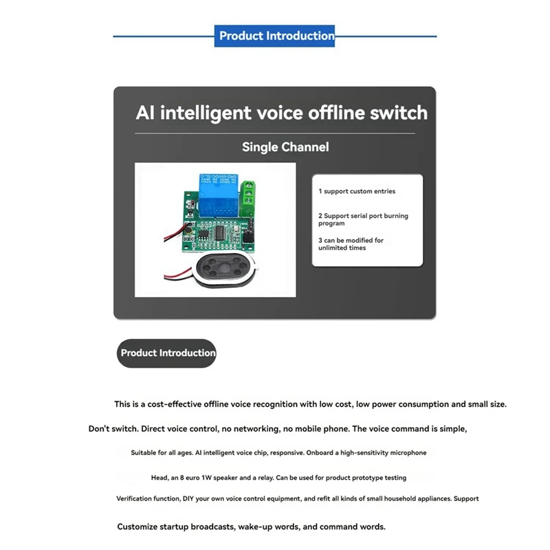 

Модуль интеллектуального распознавания голоса AI, модуль переключателя автономного голосового управления, поддержка пользовательского голоса для голосового устройства DIY