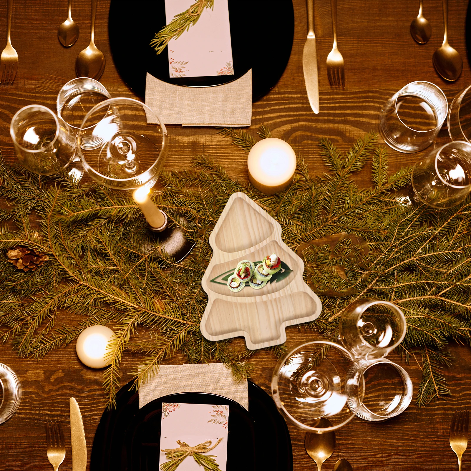 

1pc Christmas Tree Shaped Wooden Plate Large Capacity Dessert Tray For Party Snack Fruit Serving Holiday Dinner Platter