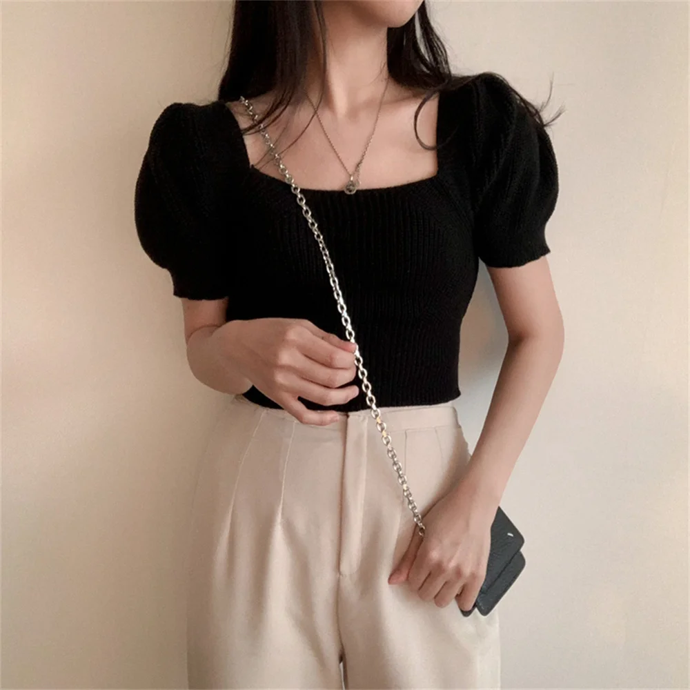 PLAMTEE Chic Knitwear Summer Sweaters Backless Sexy OL Women Slim 2023 Square Collar Office Lady Tees Soft Short Sleeve Gentle