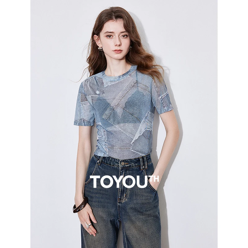 T-shirt manches courtes col rond femme, transparent, peau, patchwork, cowboy, sexy, nouveau, printemps, 2025