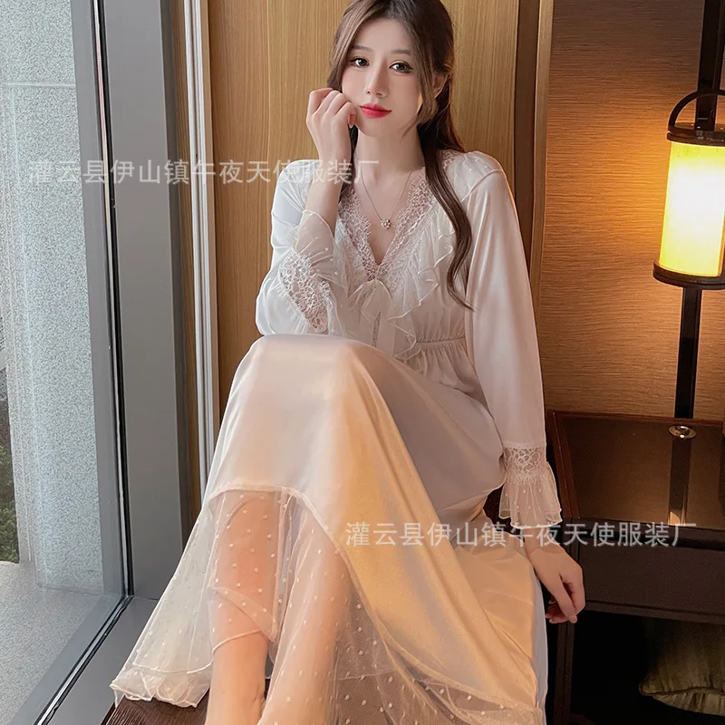 

Autumn hot selling lace camisole skirt with deep V-shaped backless seductive splicing mesh ruffle edge home clothing