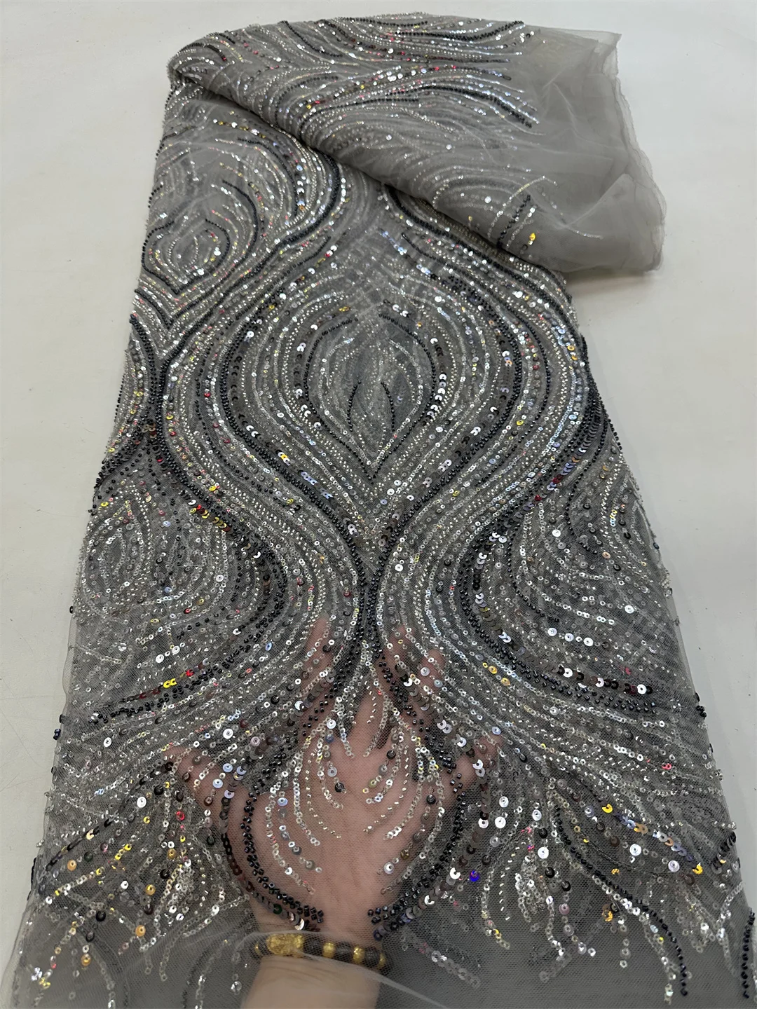 

African Beads Mesh Lace Fabrics 2026 High Quality French Sequins Lace Fabric 5 Yards For Nigerian Wedding Dresses Sewing