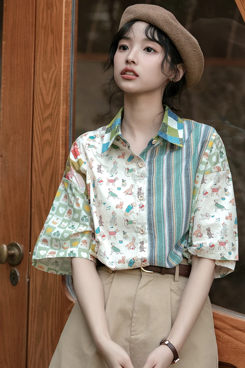 

Striped Splicing Floral Fragments Short Sleeved Women's Shirt Summer French Retro Print Loose Tops Street Style Casual Blouse