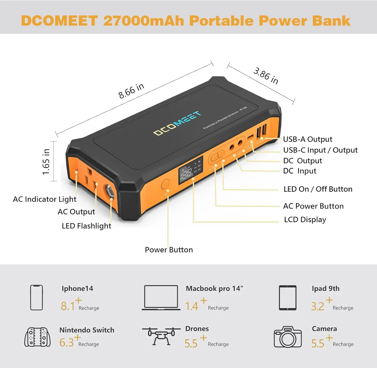 table Power Bank With Ac Outlet, 110V /100W Battery Powered Outlet With 99.9Wh High Capacity, Portable Charger With Dc Usb C