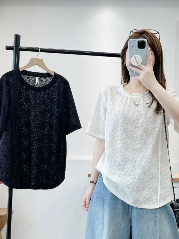 Summer Casual Lace Embroidery 3D Press Line Short Sleeve T-Shirt plus Size Loose Versatile Belly Covering Half Sleeve Top