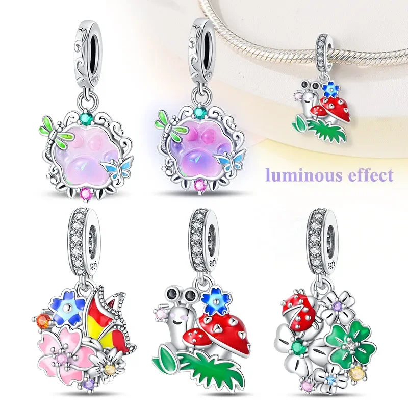 

925 Silver Luminous Cat's Claw Flowers Insect Original Charms Beads Fits Pandora Original Bracelet for Women Diy Jewelry Gifts