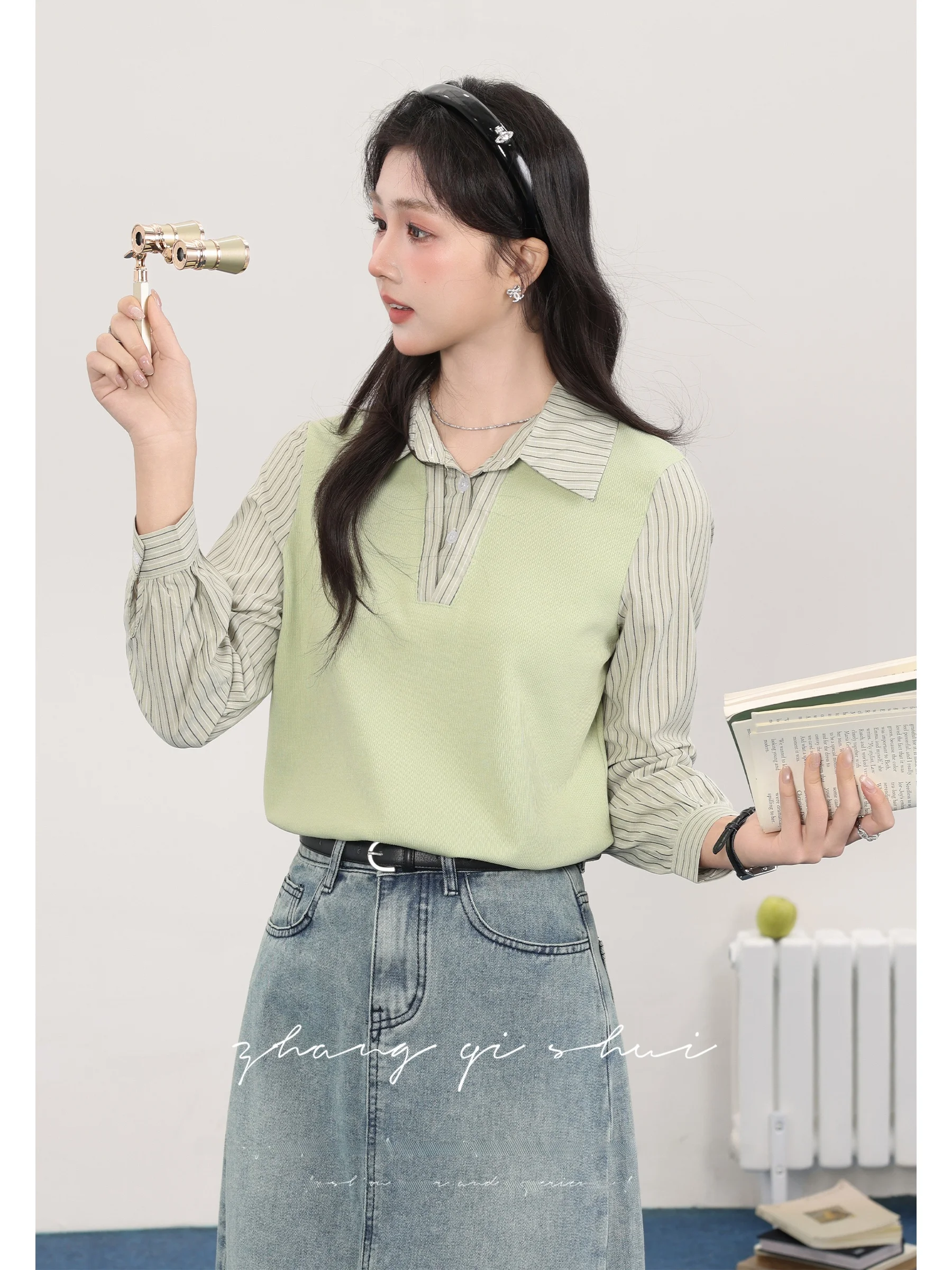 

een Striped ort irt Women's Fake Two-Piece Vintage Sle Loose Fit Long Sve Breathable Comfortable Autumn New Arrival