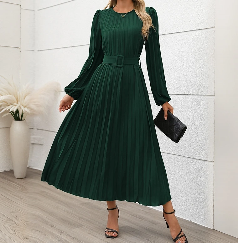 

Elegant Women's Dresses Autumn O-Neck Long Sleeved Waist Tied Casual Long Dress Commuter Women's High Waisted Pleated Long Dress