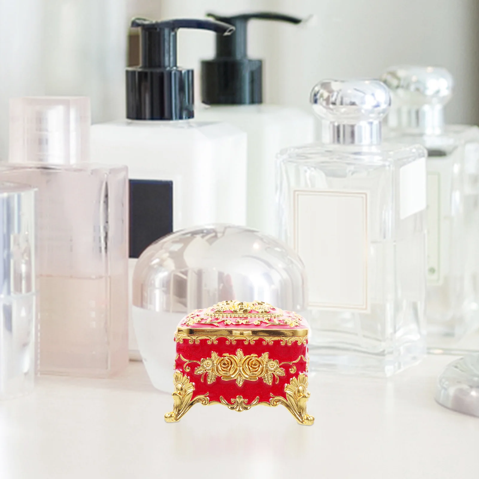 

Шкатулка для украшений с тисненым цветочным узором, настольный органайзер из сплава для колец, серег, ожерелий, держатель для мелочей, декоративный футляр