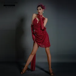 Latin Dance Dress High end Customized Swing Dress Woven Flower Sling Dress Chacha Tango Female Adult Stage Professional Dress