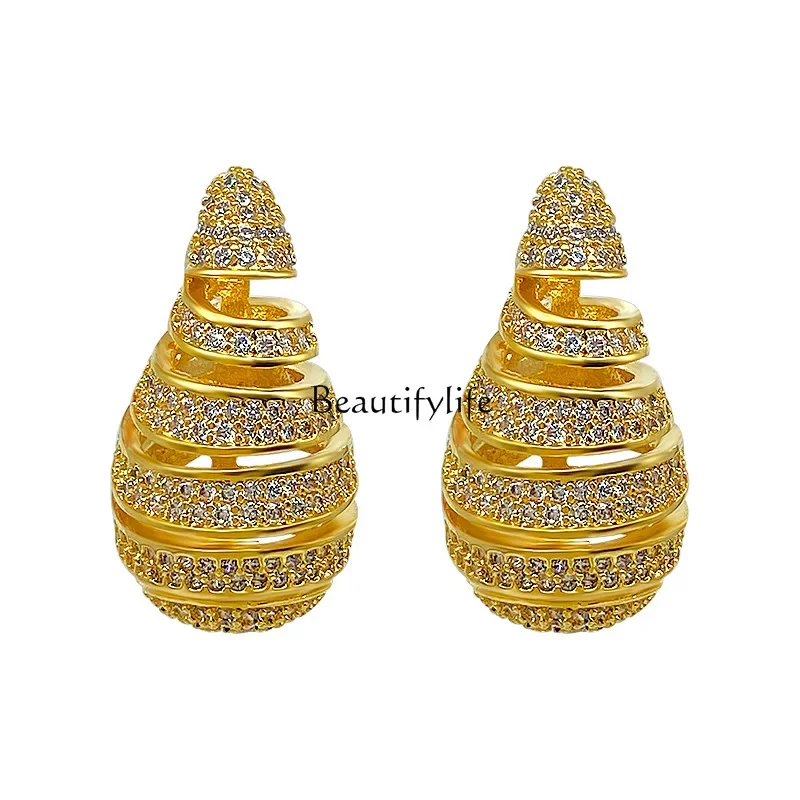 

European and American exaggerated water drop-shaped spiral diamond earrings niche design temperament studs