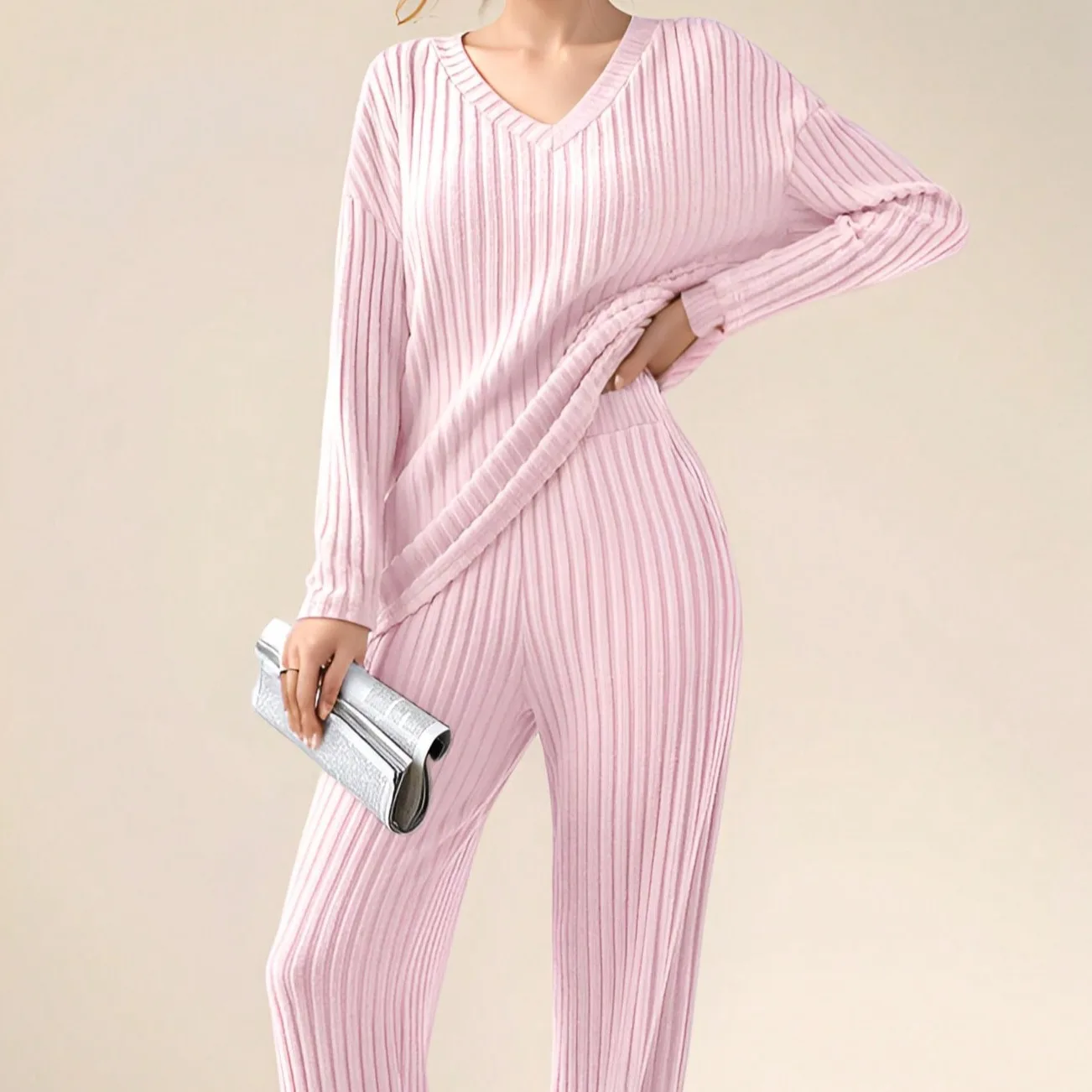 Autumn and Winter Casual V-neck Pocket Striped Knited Tops and Long Trousers Two-piece Sets, Women's Pajamas Set Sleepwear