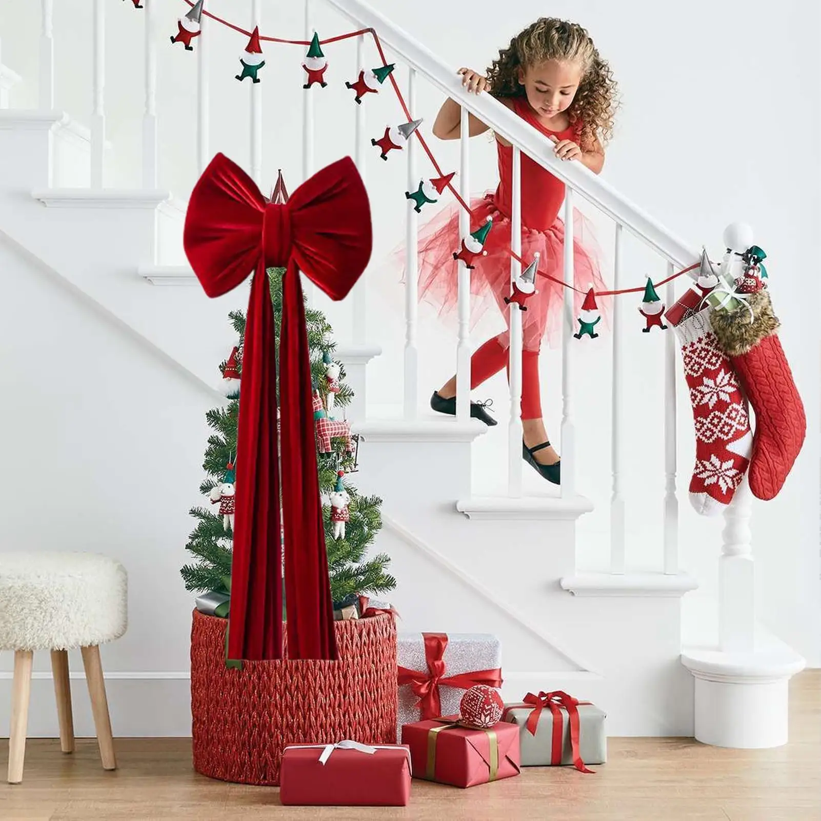 

Топпер с бантом для елки, предварительно завязанный большой многоразовый орнамент, топпер для рождественской елки с бантом для внутренней двери дома, передняя лестница, забор, фон