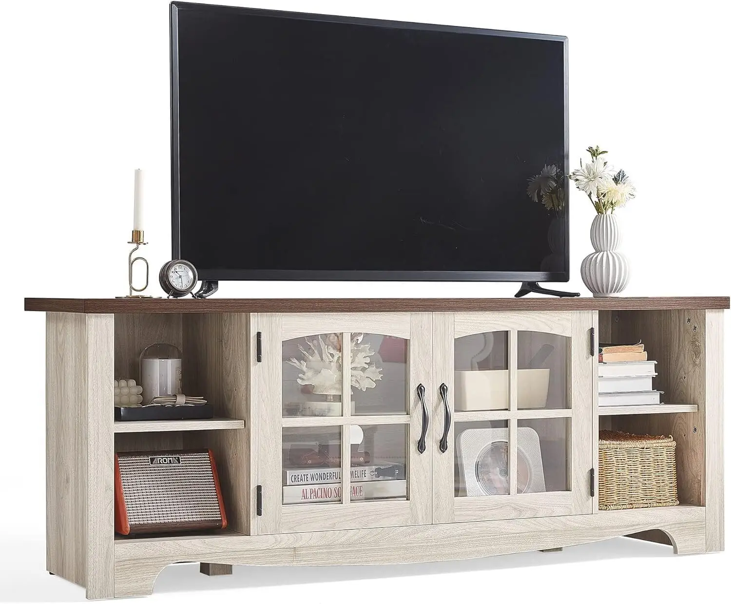 Farmhouse TV Stand para 65 "TV, Madeira Entertainment Center com porta de vidro, armário de armazenamento, prateleiras ajustáveis para sala