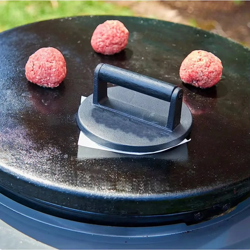 16.2cm Cast Iron Meat Press Round Flat Grill Weight Kitchen Steak Burger Smasher Portable Outdoor BBQ Cooking Item