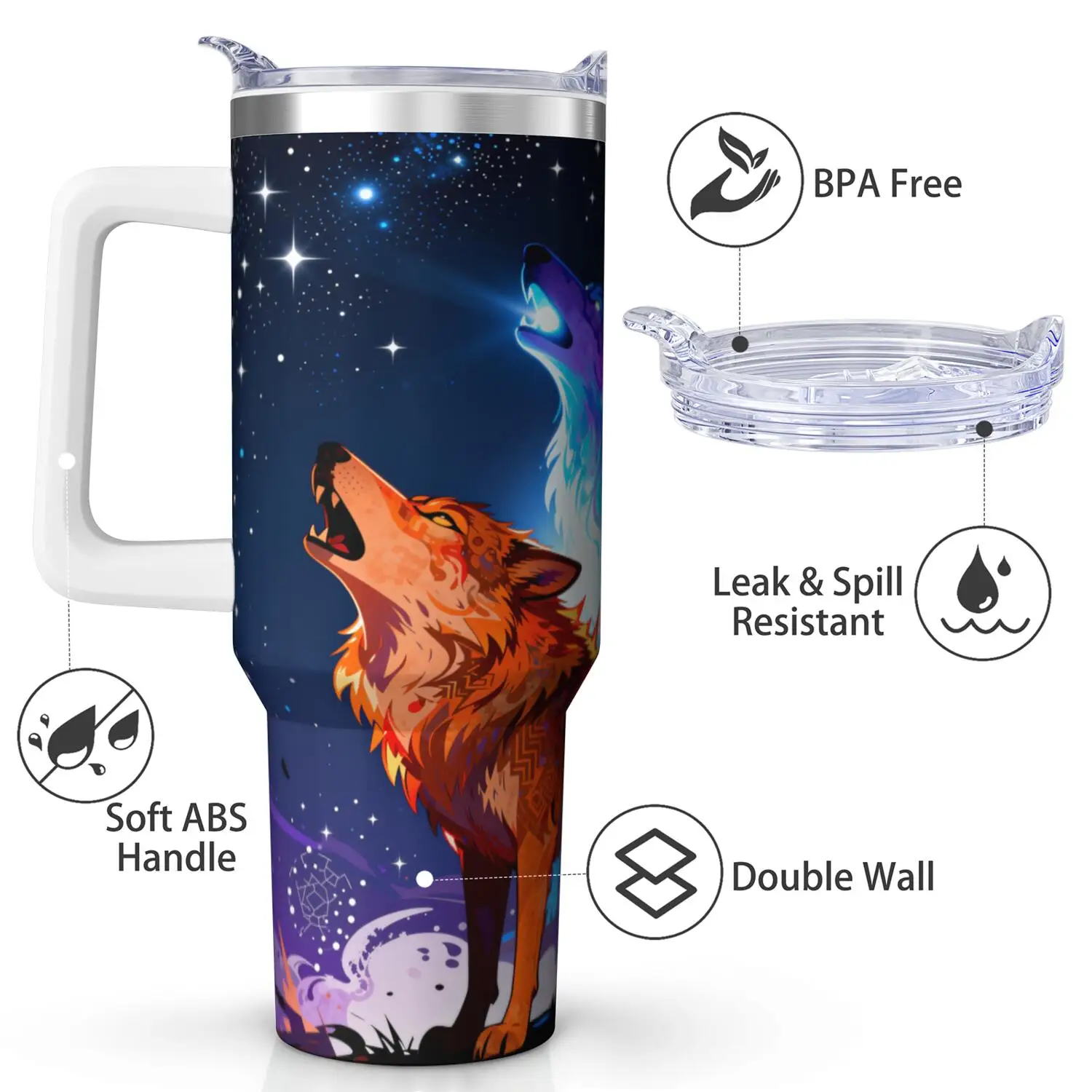 1ps Wolf Handle Cup Set with Straw, Maximum Capacity 40oz, Inner Layer 304 Stainless Steel, Outer Layer 201 Stainless Steel, Seamless Inner Liner, Lid Made of PC Material, Suitable for Home, Office, Outdoor, Sports, and Car Use