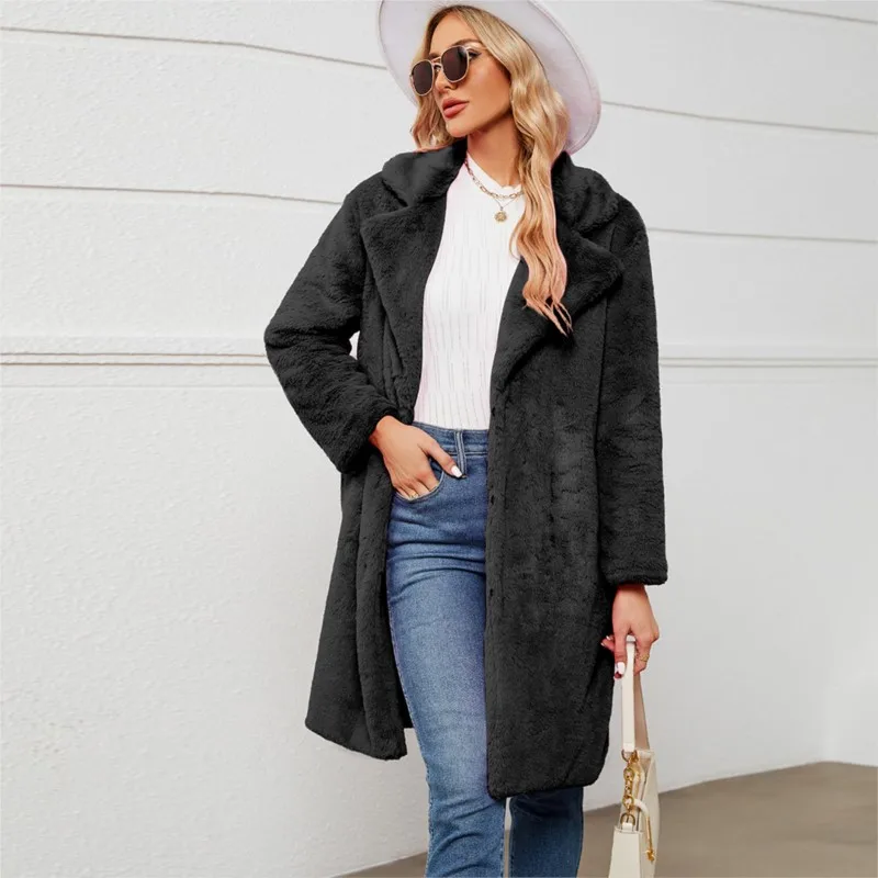 Cappotto in tinta unita a maniche lunghe monopetto con risvolto in pelliccia sintetica alla moda per cappotto casual e caldo da donna autunno e inverno 2025