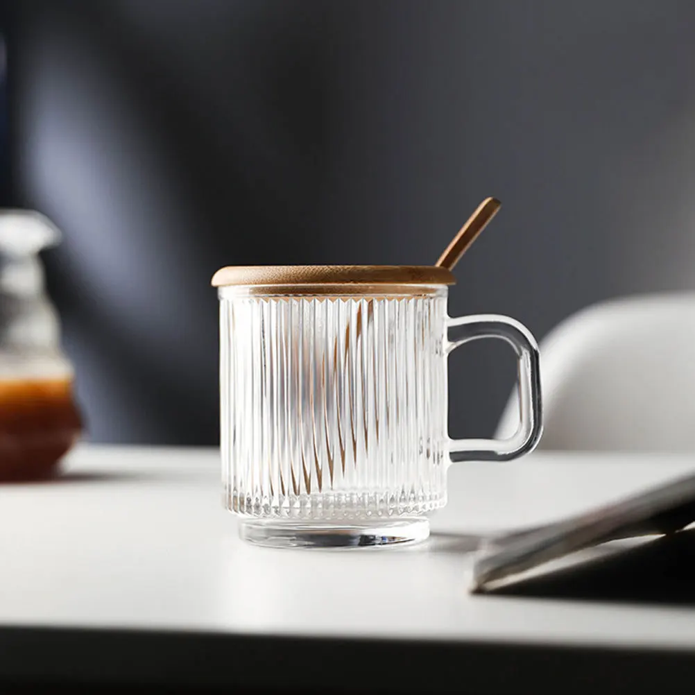

1Set Glass Coffee Mug with Wooden Lid Stainless Steel Spoon Clear Water Cup for Home Office Tea Juice Beverage