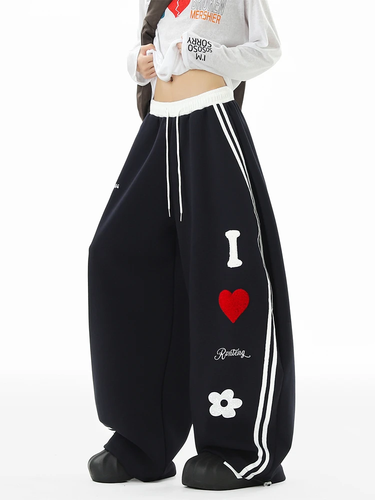 Jennie Love Heart Letter Three Bars Sports Sweatpants Men Women Autumn Heavyweight Wide Leg Casual Pants High Waist Elastic