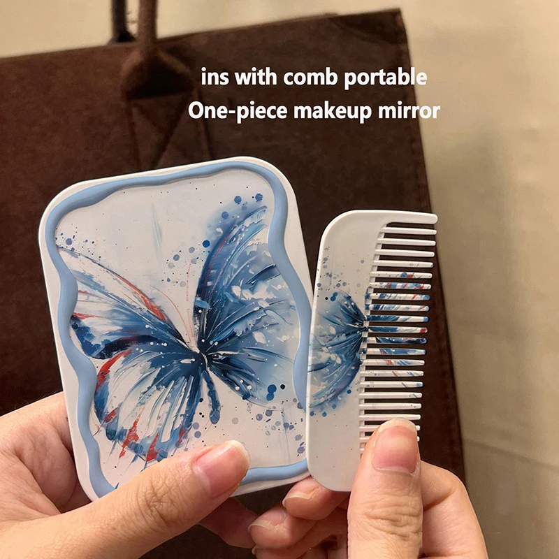 Miroir de Maquillage Pliable Portable à Clapet avec Peigne, Motif Papillon Bleu, Cadeau pour Femme et Fille