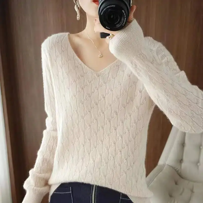 Women Clothes Refreshing Hollow Out Solid Color Knitting V-neck Long Sleeve Pullovers Winter Office Lady Sweater Female Top Tee