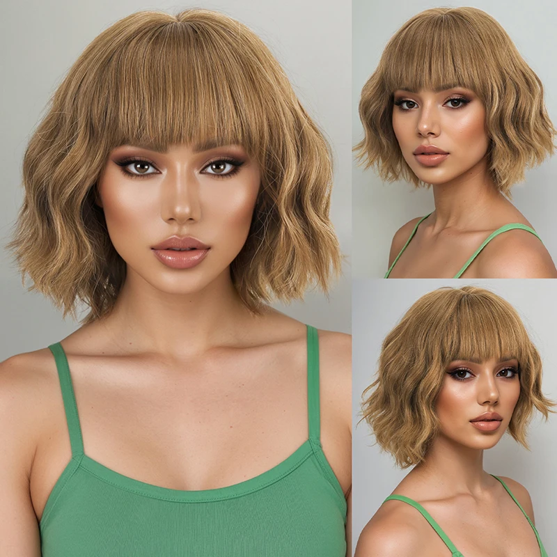 

Парик Oumeiqi с челкой, короткие кудрявые волосы, волнистая прическа, легкий и дышащий, светло-коричневый, натуральный парик с повязкой на голову - парик из синтетического волокна.