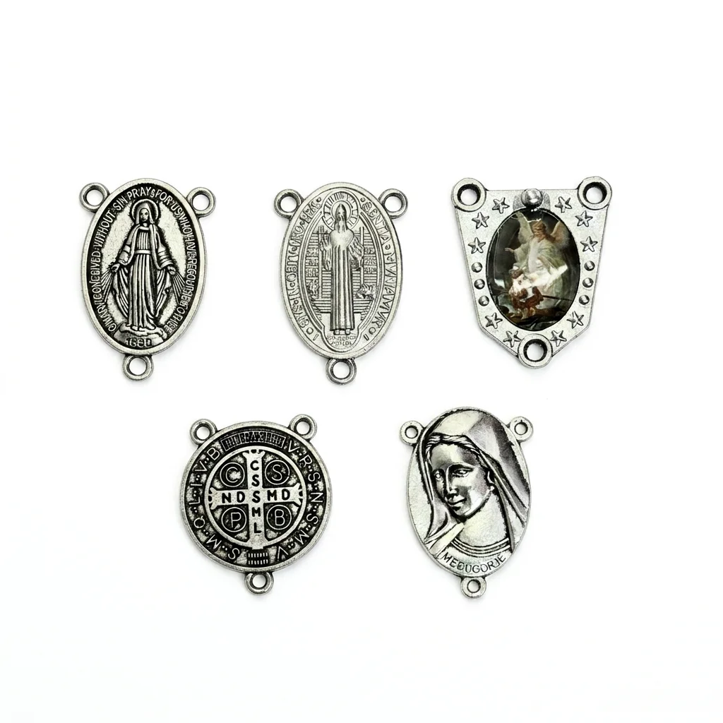 10Pcs 3-Hole Catholic Rosary Centerpiece Connectors Miraculous St Benedict Virgin Mary Charms for DIY Jewelry