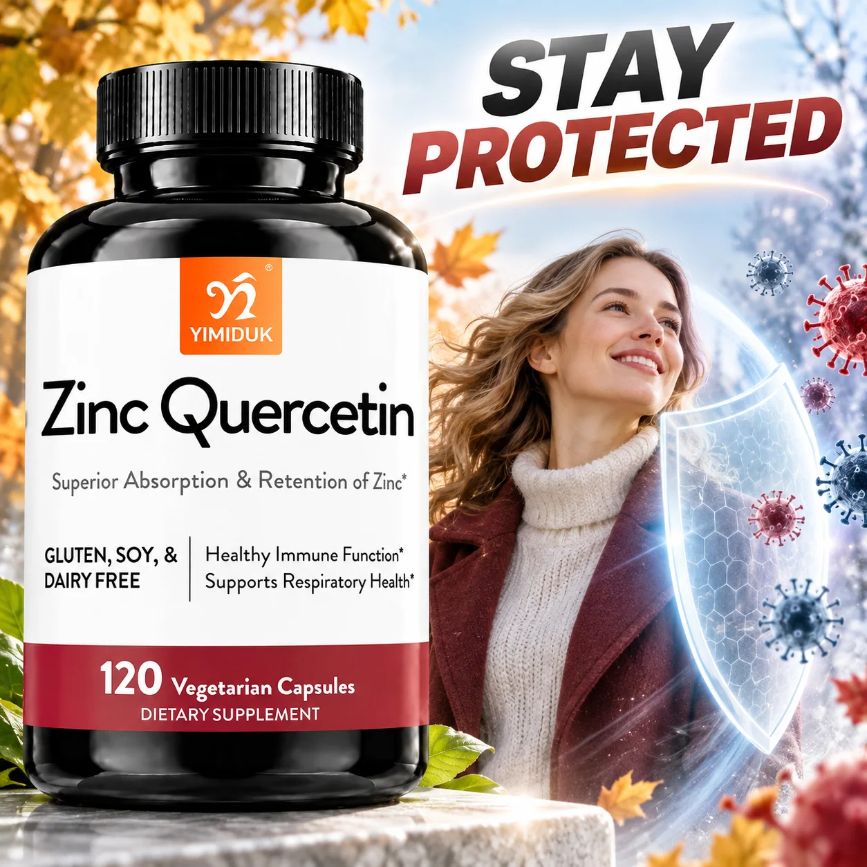 Zinc Quercetin Daily Health Capsules, Support Immune, Antioxidant, Respiratory Status, Skin Condition, Seasonal Physical Comfort