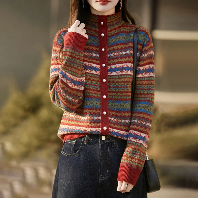Autumn and Winter 2026 New Retro Raccoon Velvet Seven-needle Thickened Semi-turtleneck Knitted Cardigan Jacquard Loose Top Women