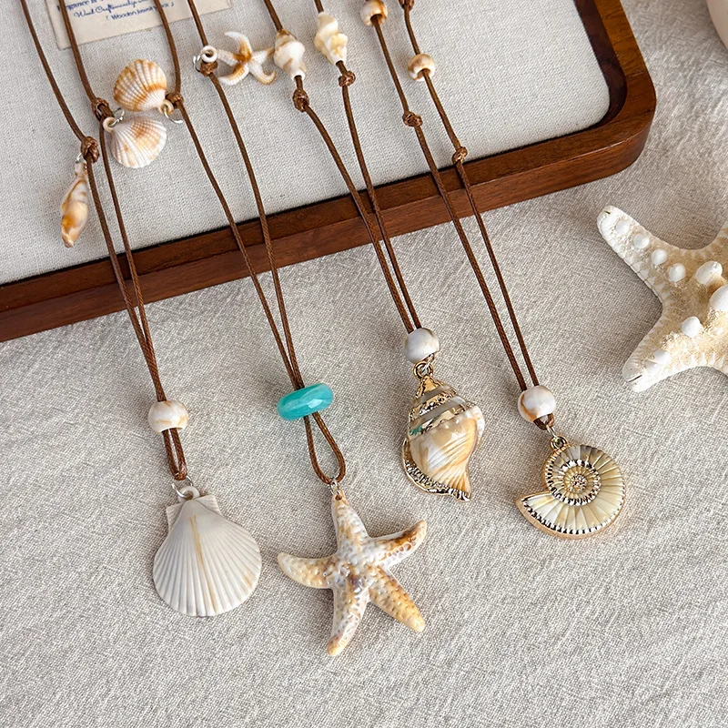 Boho Sea Star Shell Pendant Necklace for Summer Beach Vacation