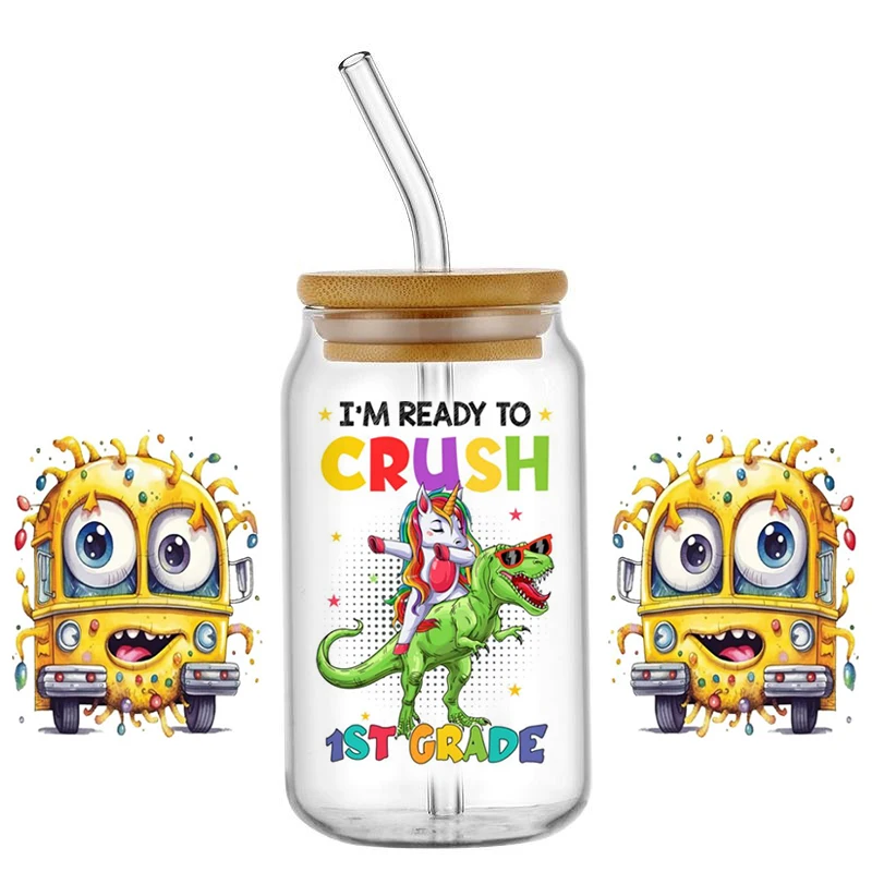 Back to School Cartoon Bus Dinosaur UV DTF Cup Wraps Transfer Sticker For 16OZ Glass Libbey Can Bottle Washable DIY sticker