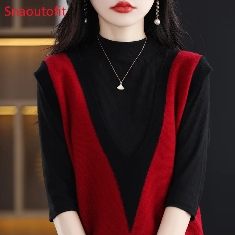 Sleeveless V-Neck Pure Wool Vest Women\'s 2023 Spring Knitted Pullover Fashion Match Color Cashmere Sweater Vest Loose Fold Top