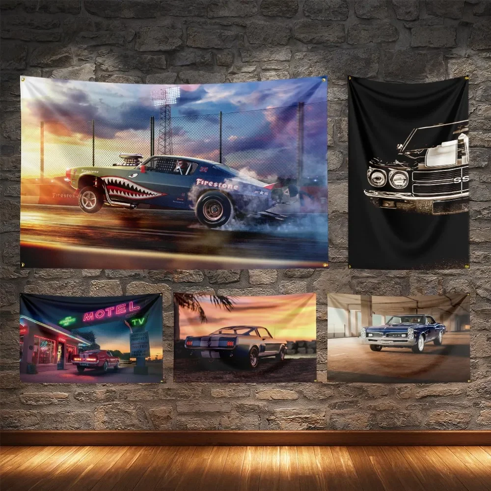 Horsepower Modified Super Racing Car Flag Polyester Digital Printing Vintage legendary cars Banner