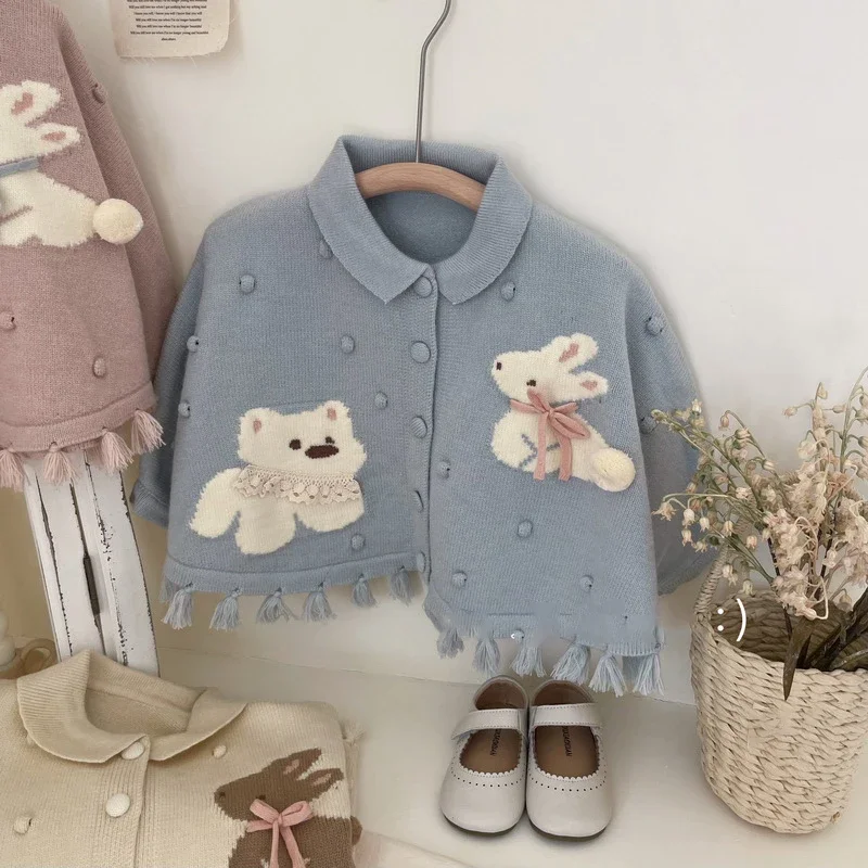 2024 New Autumn Children's Sweaters 1-6 Y Girls Cartoon Bear Bunny Knit Cardigans Coat Kids Tassel Princess Style Sweater Cloak