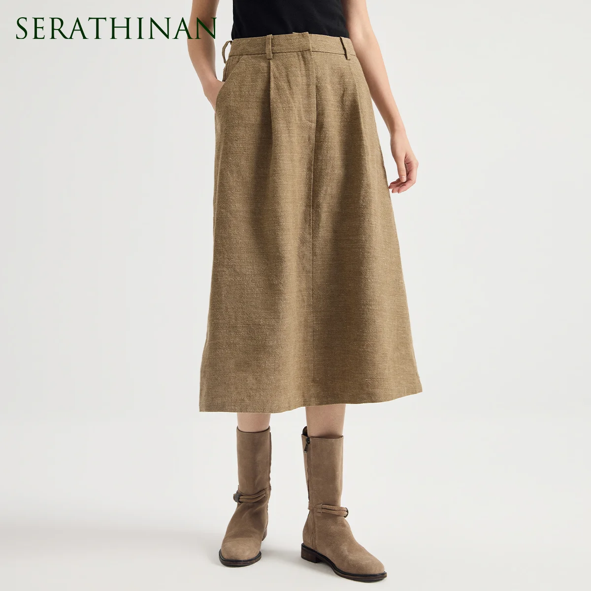 KT7623902 Women's Linen Wool Blend A-Line Midi Skirt High Waist Front Pleat Belt Loop Quiet Luxury Early Autumn Fall