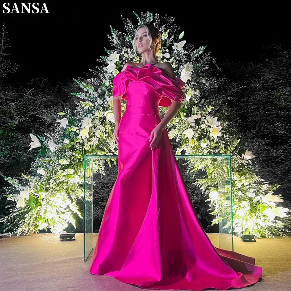 Sansa Exquisite Fuchsia Satin Party Dresses Floor-Length Off the Shoulder Evening Dress Mermaid Long Train vestidos de fiestas