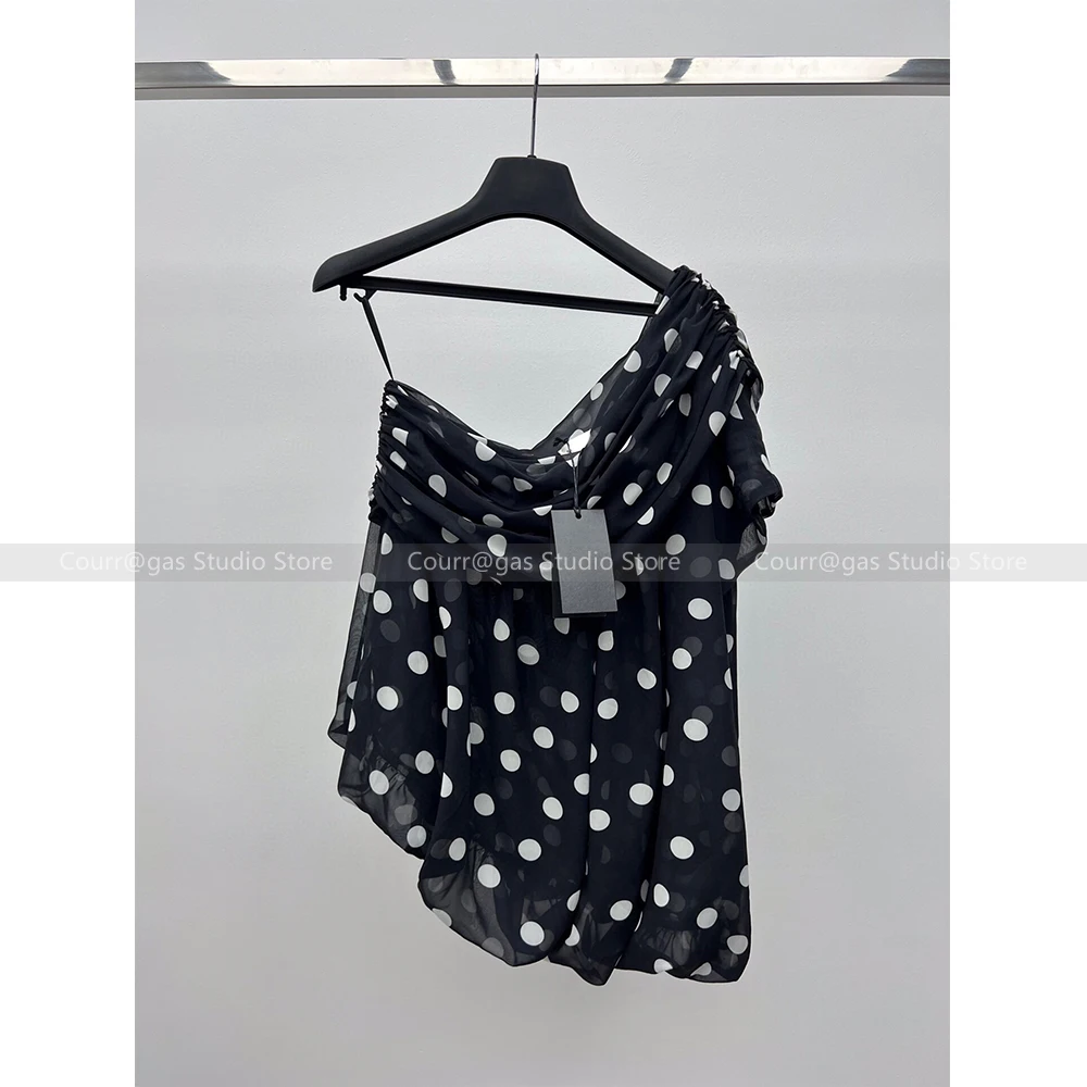 Women\'s Temperament Polka Dot Asymmetric Slant Shoulder Design Top + High Waisted Slim Fit Flared Pants Set
