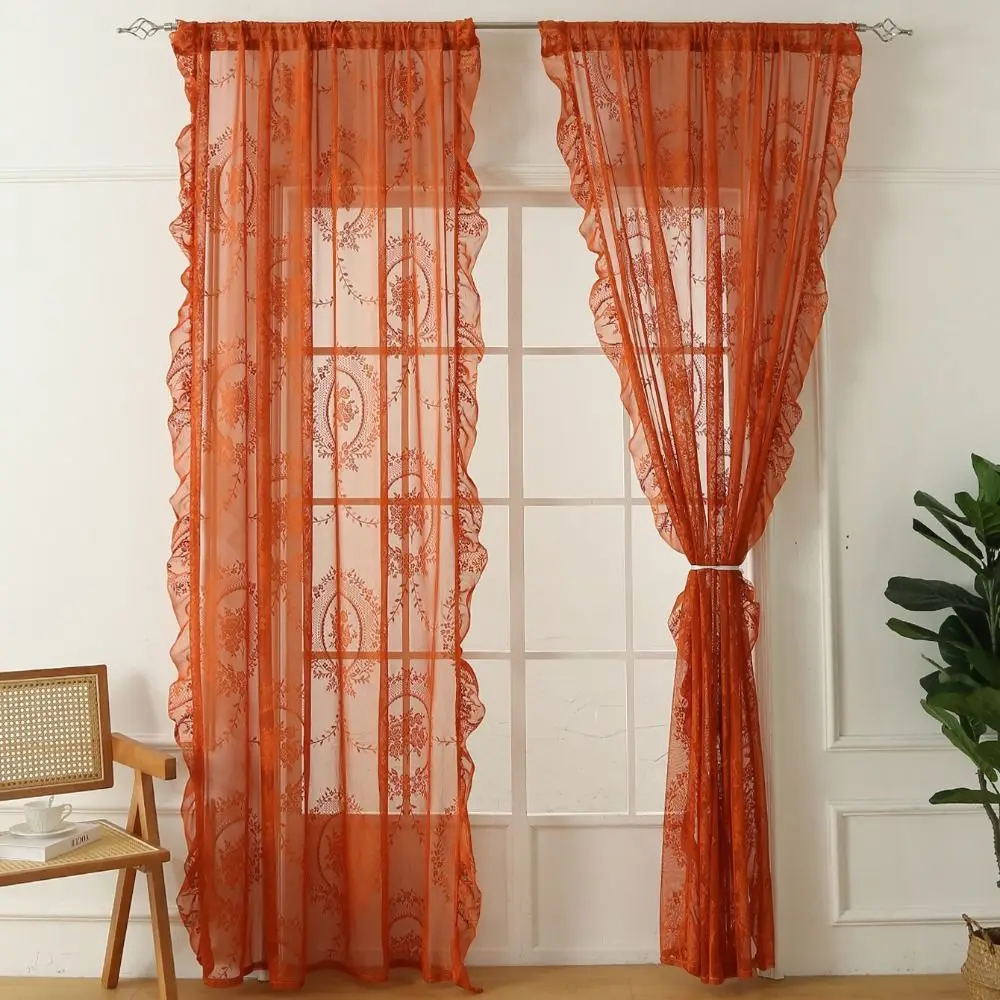 

2 Pcs Home Decor Ruffled Edge French Lace Floral Curtain Retro Embroidered Gauze Curtain Rustic Lace Sheer Curtain Door