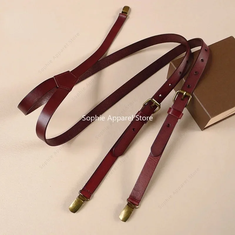 정품 가죽 영국 스타일 멜빵 남성 빈티지 후크 버클 스트랩 멜빵 여성 Bretelles Pour Homme