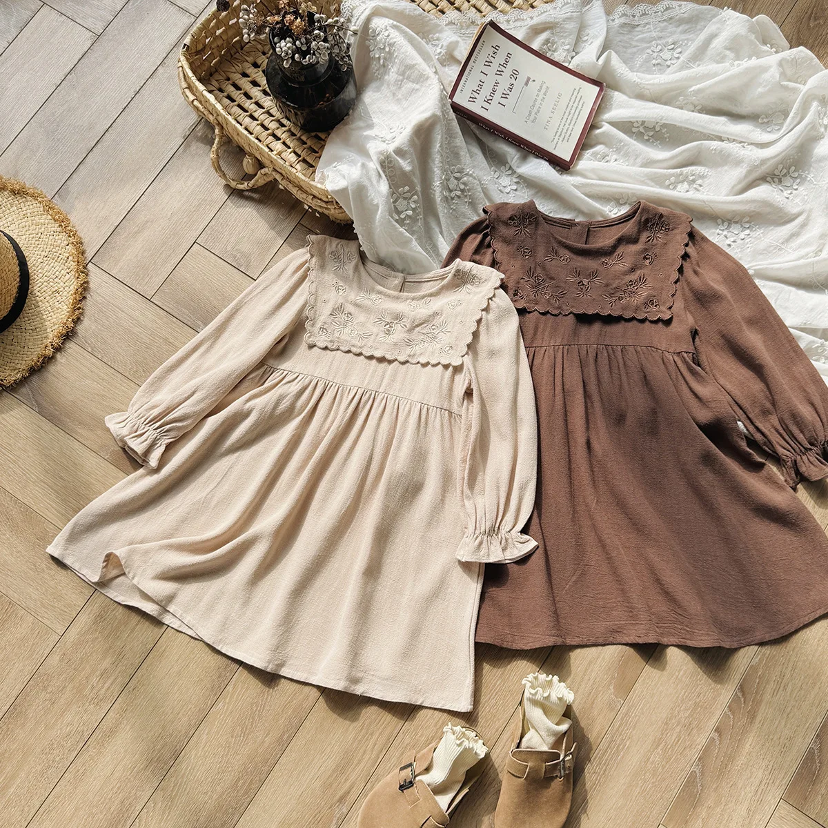 

Autumn Kids Baby Girls Dress Round Neck Long Sleeve Solid Color Toddler Girls Dress Pure Cotton Embroidered Children Girls Dress