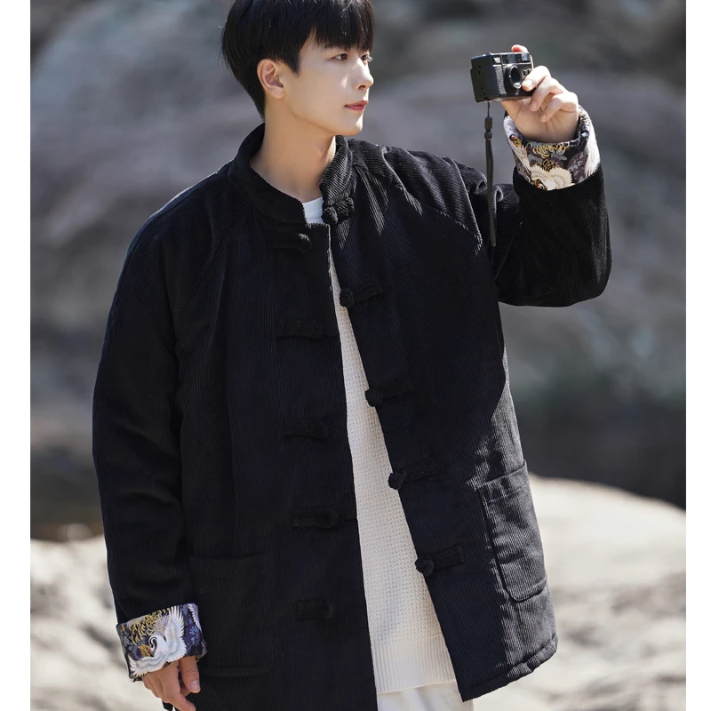 

Thiened Corduroy Cotton Jaet for Men Winter Warm Outerwear Retro Button-Up Chinese Sle Cotton Coat Youth Casual Faion
