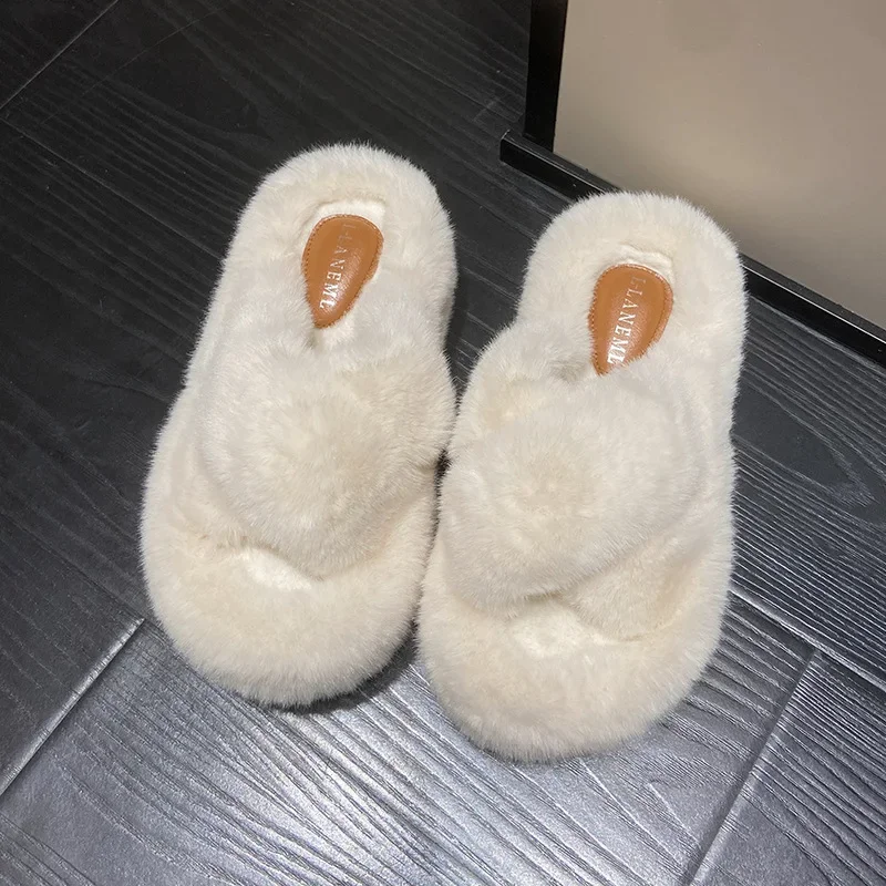 Winter Women Home Indoor Casual Fuzzy Slippers Flip Flops Fluffy Fur Cross Thick Sole Slides Outdoor Ladies Soft Plush Slippers