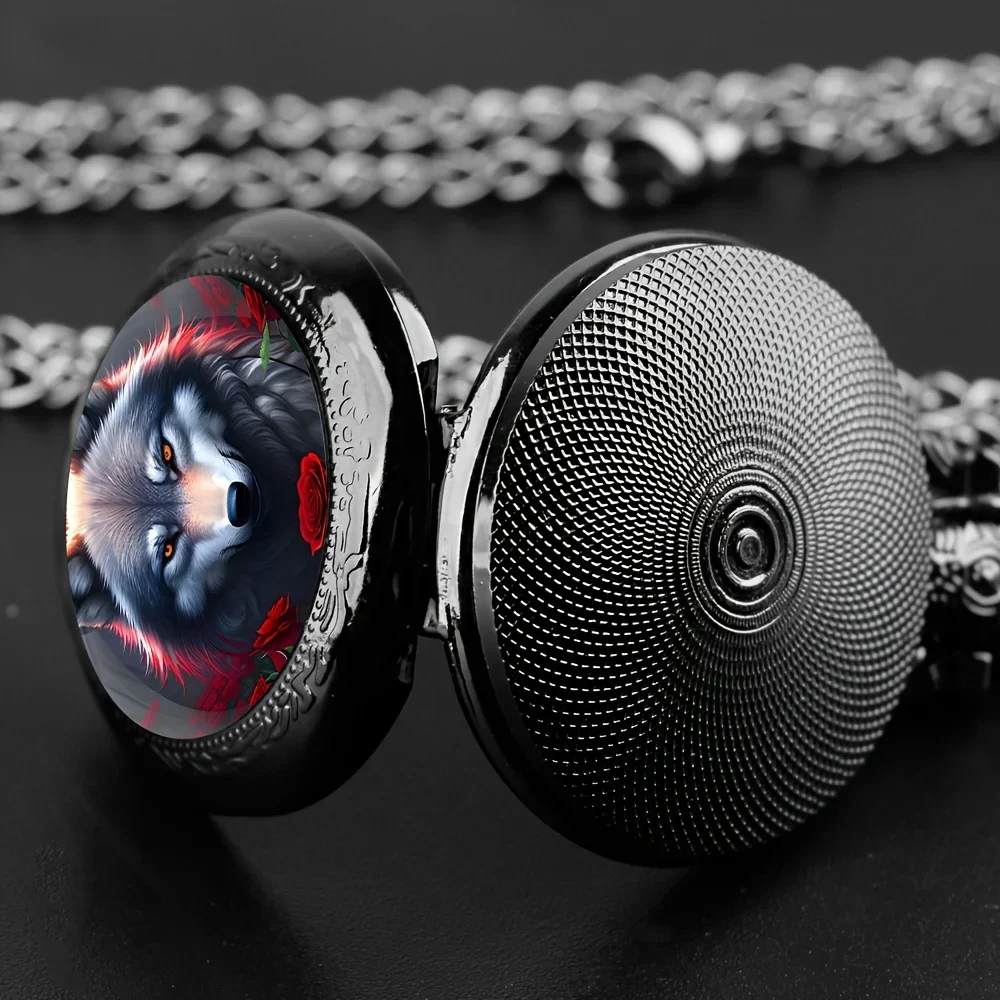 Creative Wolf Pattern Quartz Pocket Watch, Glass Dome Arabic Numerals Dial Clock For Men And Women