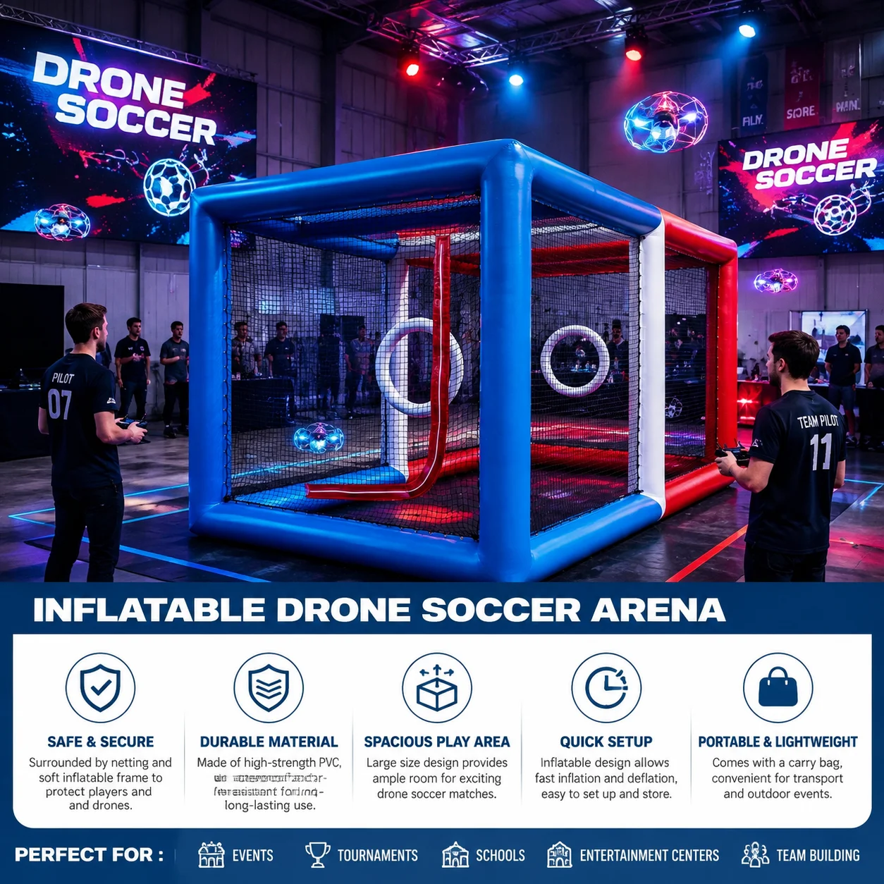 Inflatable Drone Soccer Arena 3x6x3m, Portable Drone Racing Cage with Durable PVC Frame & Safety Net, Indoor Outdoor Drone Football Game Field