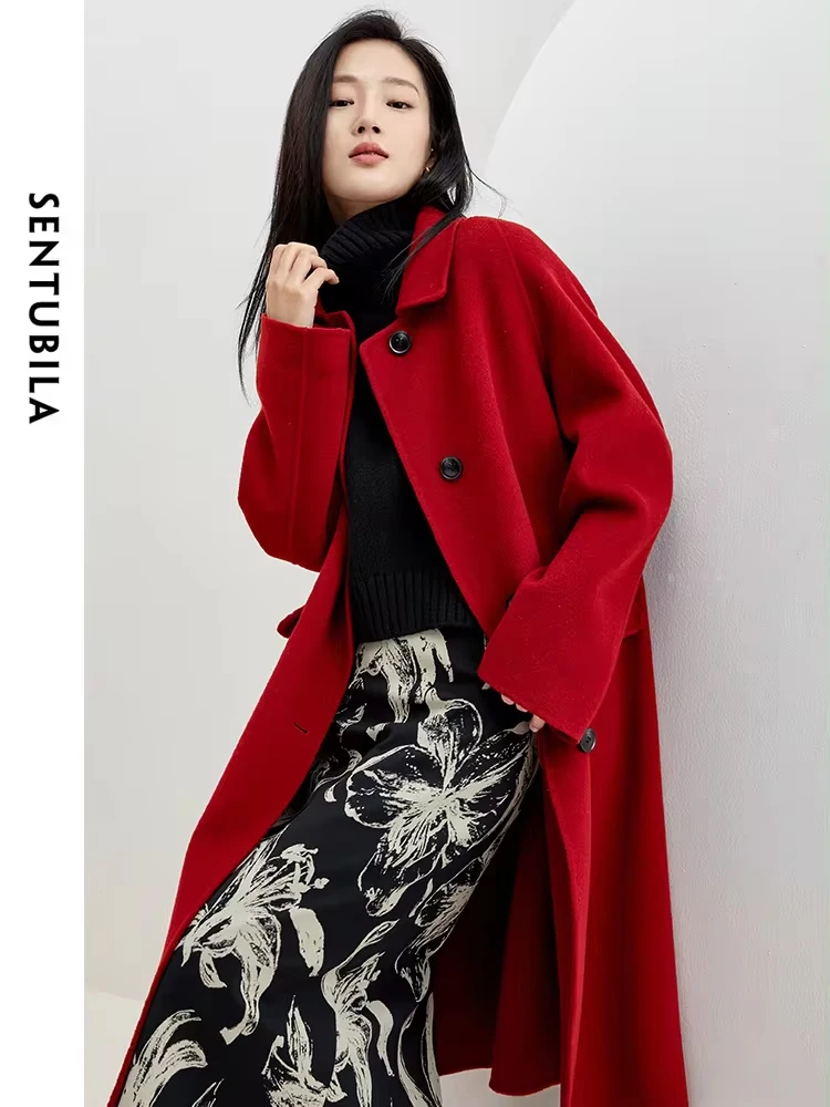 SENTUBILA Double-faced Woolen Long Jacket for Women 2024 Winter 100% Wool Coat Simple Comfortable Warm Lapel Overcoat W34O49911